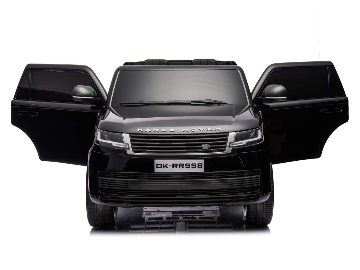 Front view of a Black 24V Kids Range Rover: Luxury Ride-On SUV with both doors open, showcasing detailed headlights, grille, and license plate DK-RR998, set against a white background.
