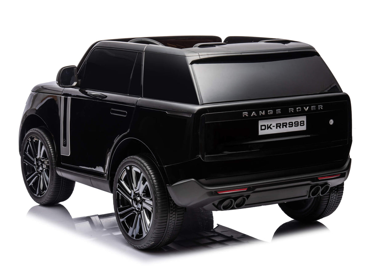 A sleek black mini toy car, resembling a Black 24V Kids Range Rover: Luxury Ride-On SUV with Premium Features & Parental Control, features tinted windows and glossy black wheels. The rear license plate reads DK-RR998, and it sits on a reflective surface, showcasing its glossy finish.