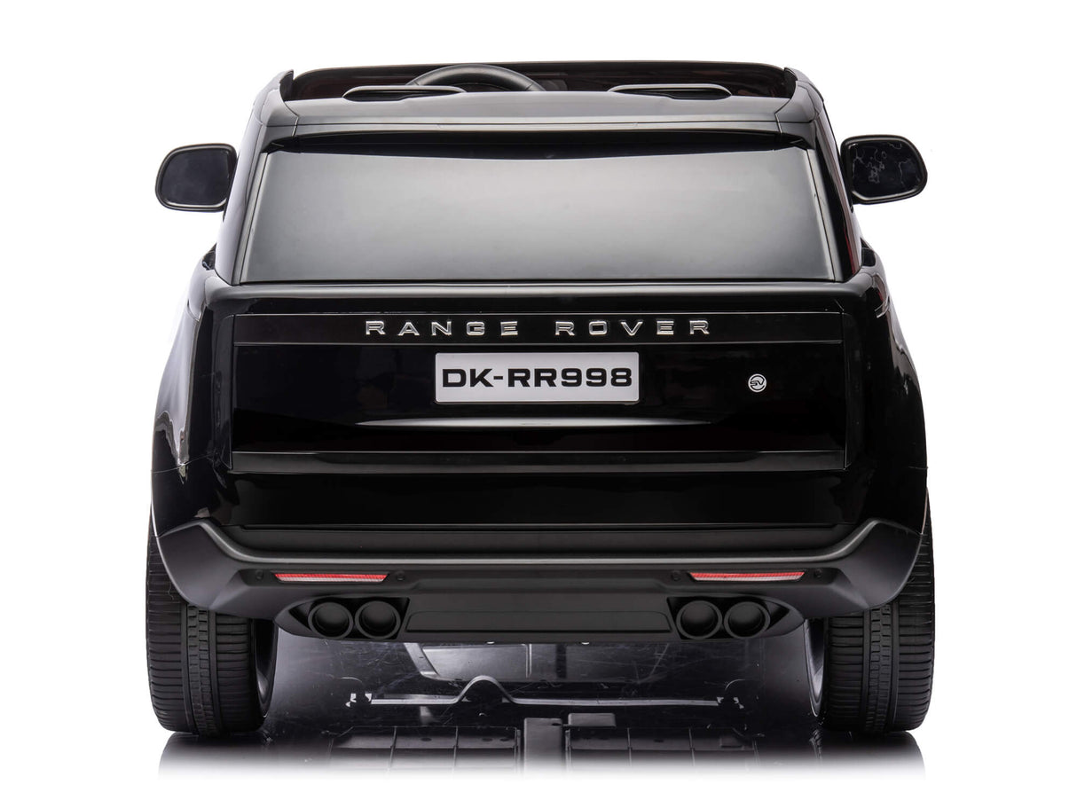 The rear view of a black 24V Kids Range Rover Luxury Ride-On SUV is displayed against a white background, showing detailed exhaust pipes and the license plate DK-RR998. This remote control model includes premium features and parental control options.