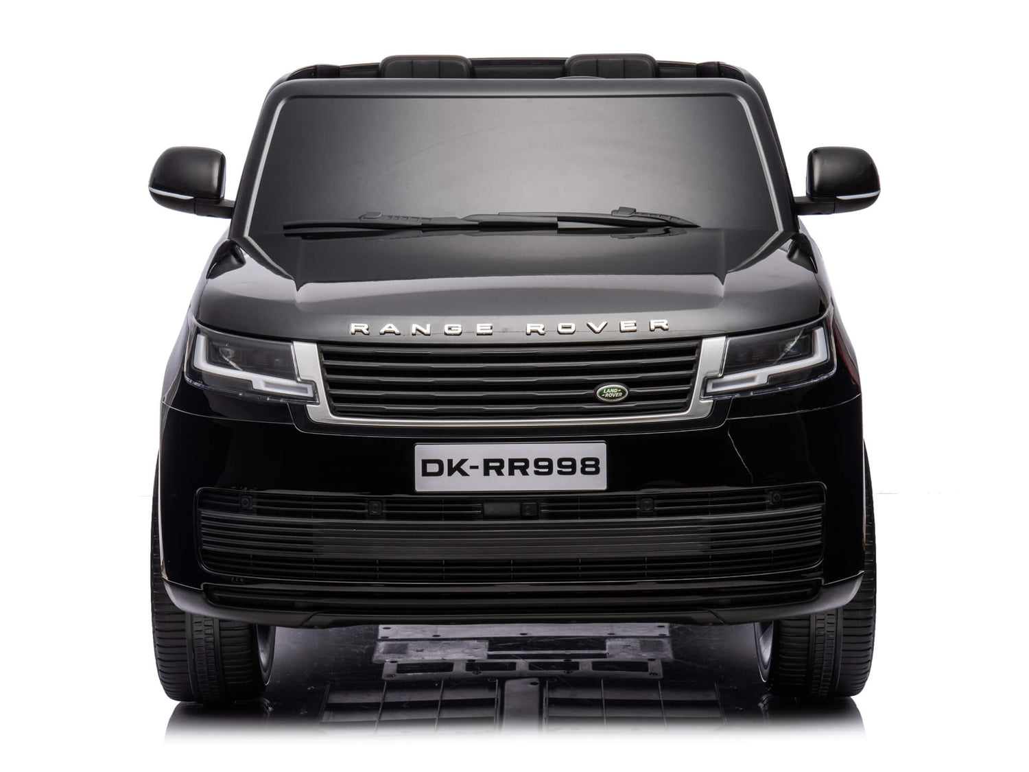 Front view of a stylish Black 24V Kids Range Rover ride-on SUV with license plate DK-RR998, featuring premium design details and a glossy finish against a plain white background.