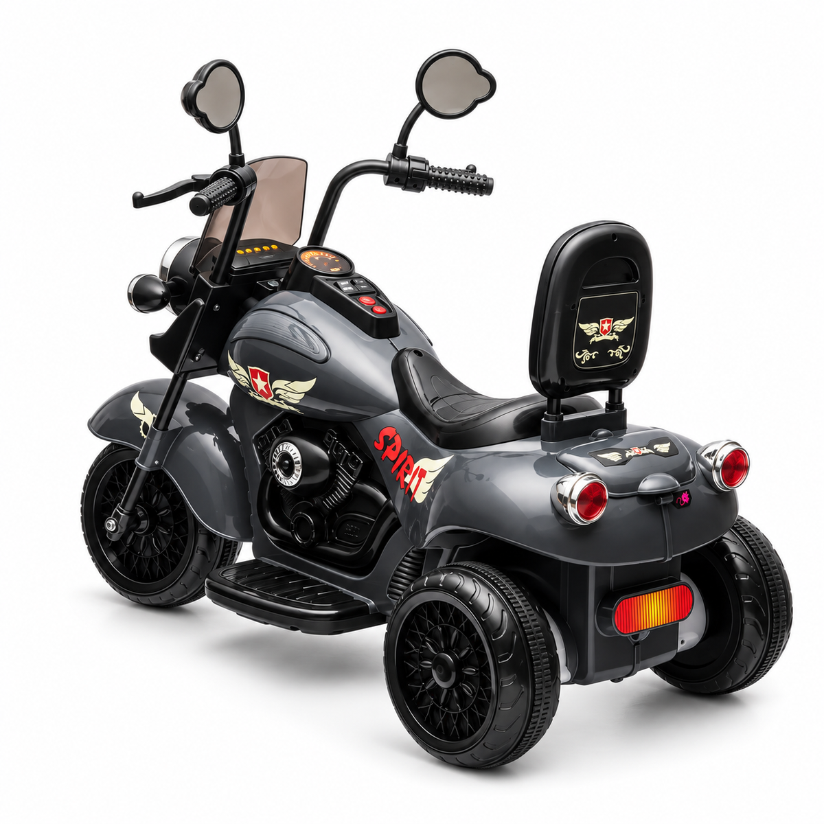 Black 12V/35W 3-Wheel Chopper-Style Cruiser Ride-On Motorcycle with LED Lights