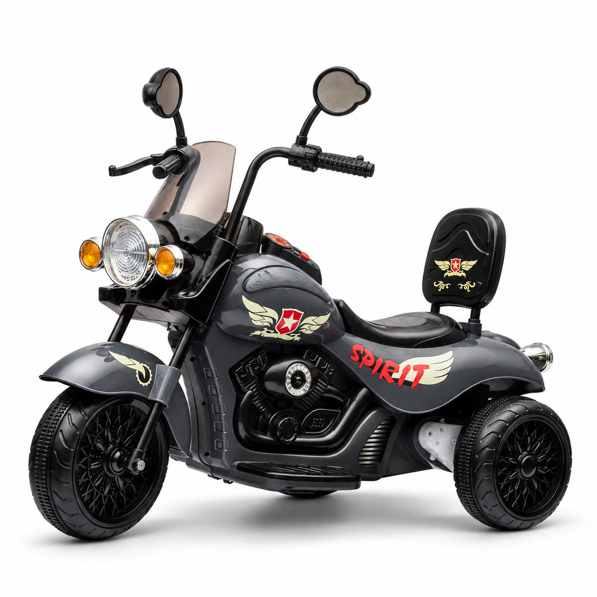 Black 12V/35W 3-Wheel Chopper-Style Cruiser Ride-On Motorcycle with LED Lights