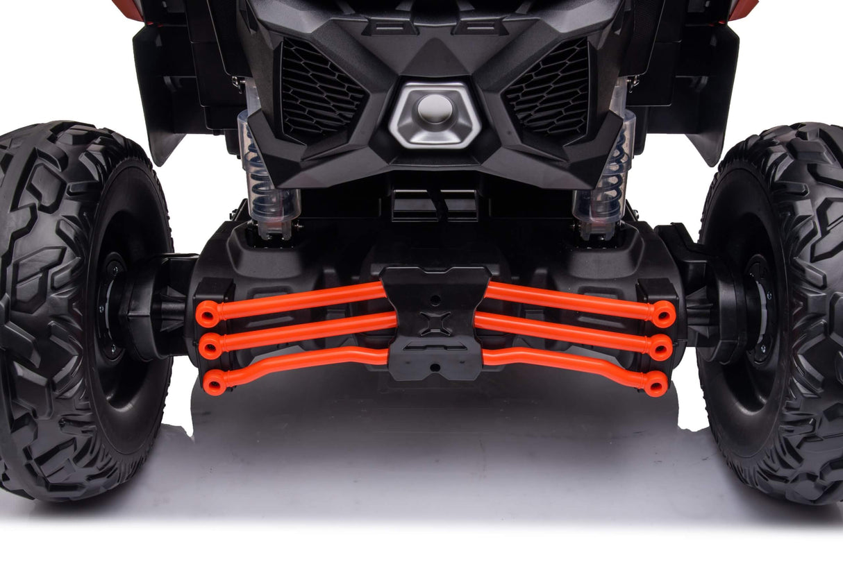 Close-up of the rugged Rose 2x24V/4WD Official Can-Am Maverick Ride on Buggys LX Performance suspension system. Large black tires with thick treads flank a central black frame, featuring red suspension rods and silver springs, highlighting its sturdy construction.