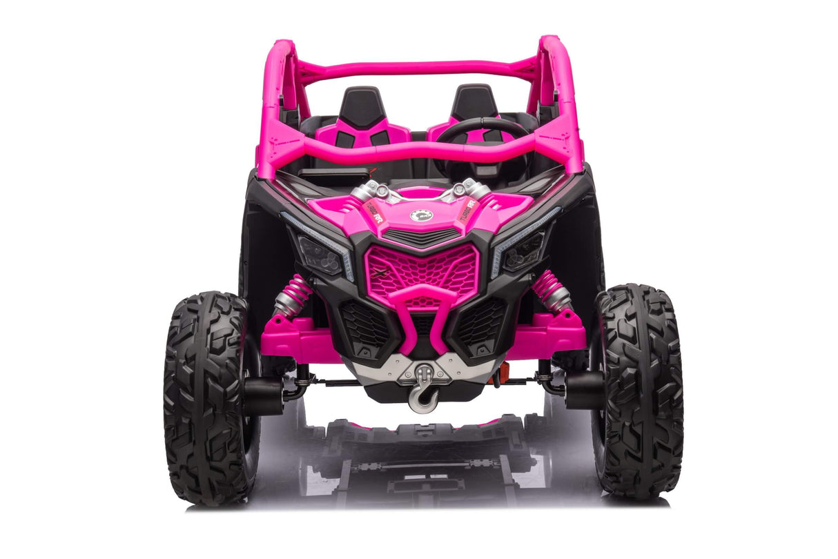The Rose 2x24V/4WD Official Can-Am Maverick Ride on Buggy, LX Performance, is a pink and black off-road style vehicle with large rugged tires and two seats, perfect for kids thrilling adventures. The image shows a front view of the vehicle on a white background.