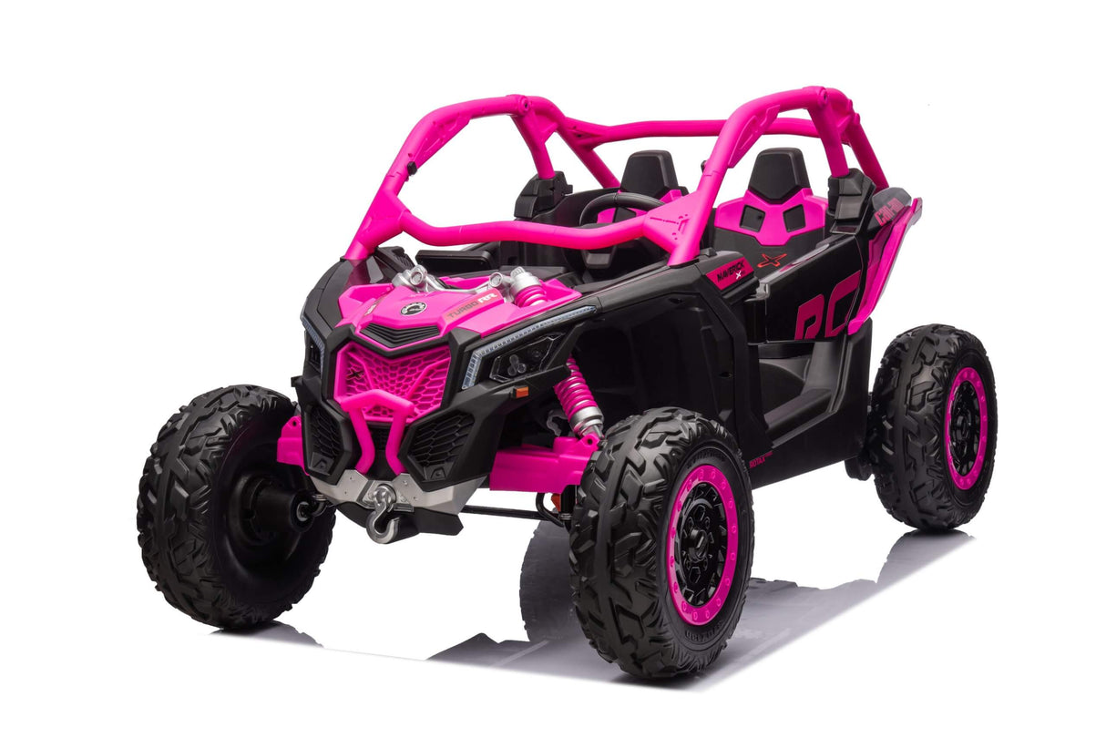 The Rose 2x24V/4WD Official Can-Am Maverick Ride on Buggy, LX Performance, is a compact off-road vehicle in bright pink and black, featuring large rugged tires, a detailed front grille, and an open cockpit with two seats. Its sporty design is eye-catching and thrilling.