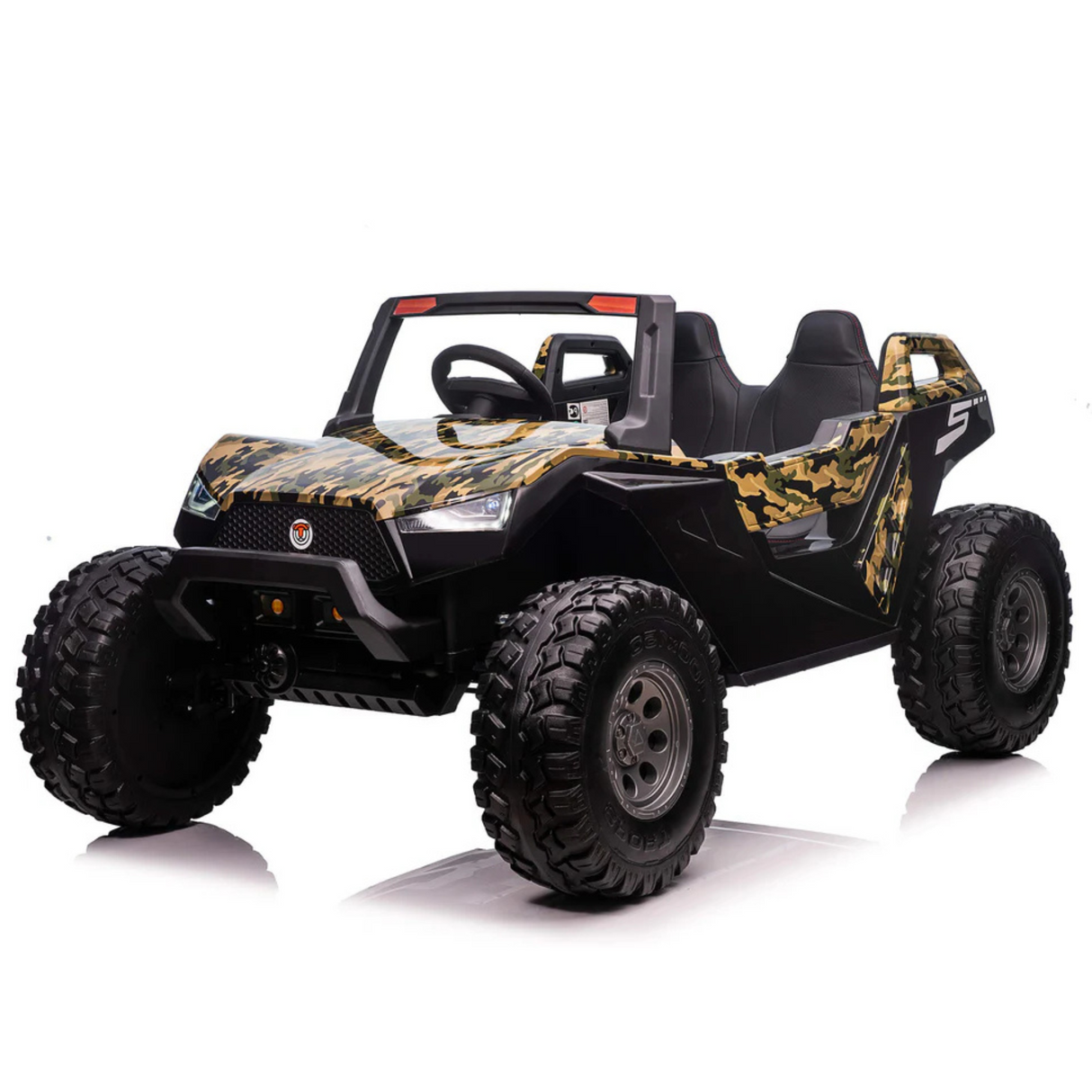 The Camo 24V/4X4 Dune Buggy Ride On UTV is a two-seater toy car with large rubber wheels, a sporty rugged design, a steering wheel, and a visible rear spoiler set against a plain white background.