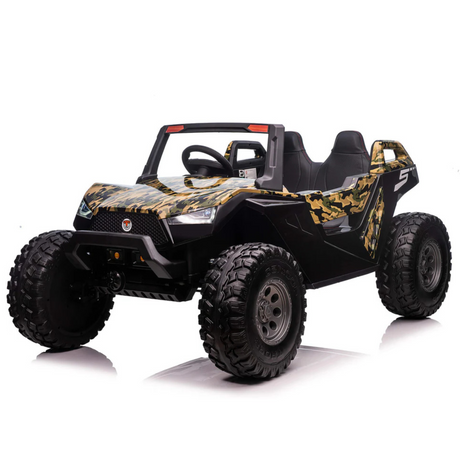 The Camo 24V/4X4 Dune Buggy Ride On UTV is a two-seater toy car with large rubber wheels, a sporty rugged design, a steering wheel, and a visible rear spoiler set against a plain white background.