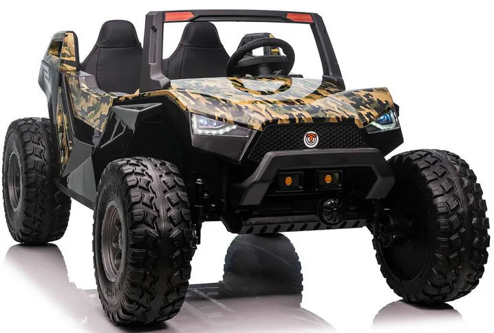 The Camo 24V/4X4 Dune Buggy Ride On UTV features rubber wheels and an off-road design. With a camouflage finish and two seats, this sporty electric toy for kids has a steering wheel and includes a parental remote for enhanced safety.