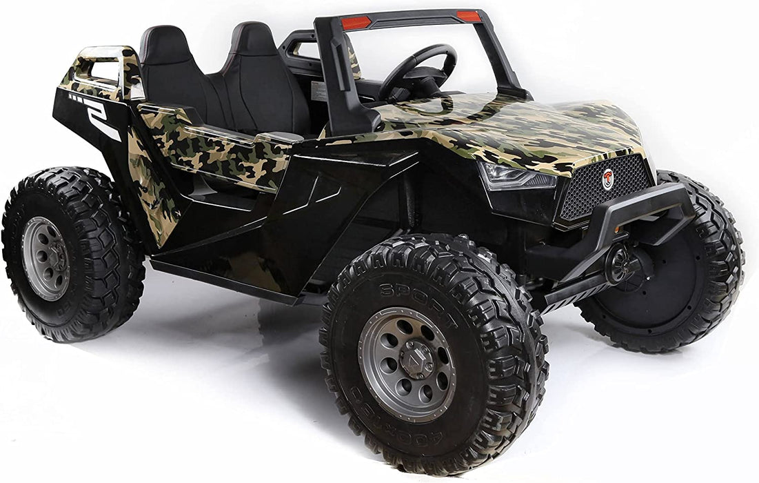 The Camo 24V/4X4 Dune Buggy Ride On UTV features a sporty camouflage design, large rugged rubber wheels, two seats, a steering wheel, and includes a parental RC for added control.