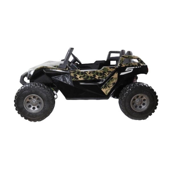 The Camo 24V/4X4 Dune Buggy Ride On UTV features a black camouflage design with large rubber wheels and an open-top, built for rugged terrain. It offers adventurous play with a parental remote control for enhanced safety.