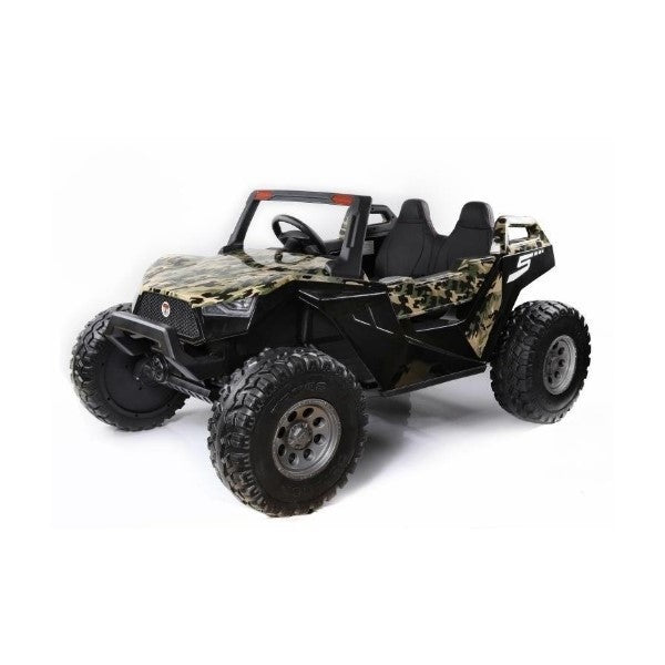 The Camo 24V/4X4 Dune Buggy Ride On UTV features two seats, rubber wheels for off-road fun, and an open roll cage, all in a stylish camouflage design.