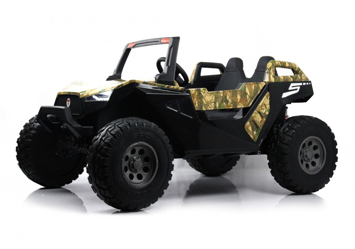 The Camo 24V/4X4 Dune Buggy Ride On UTV boasts two seats, black camouflage accents, and large rubber wheels for traction. With its open roof design and included parental remote, its ideal for adventurous play.