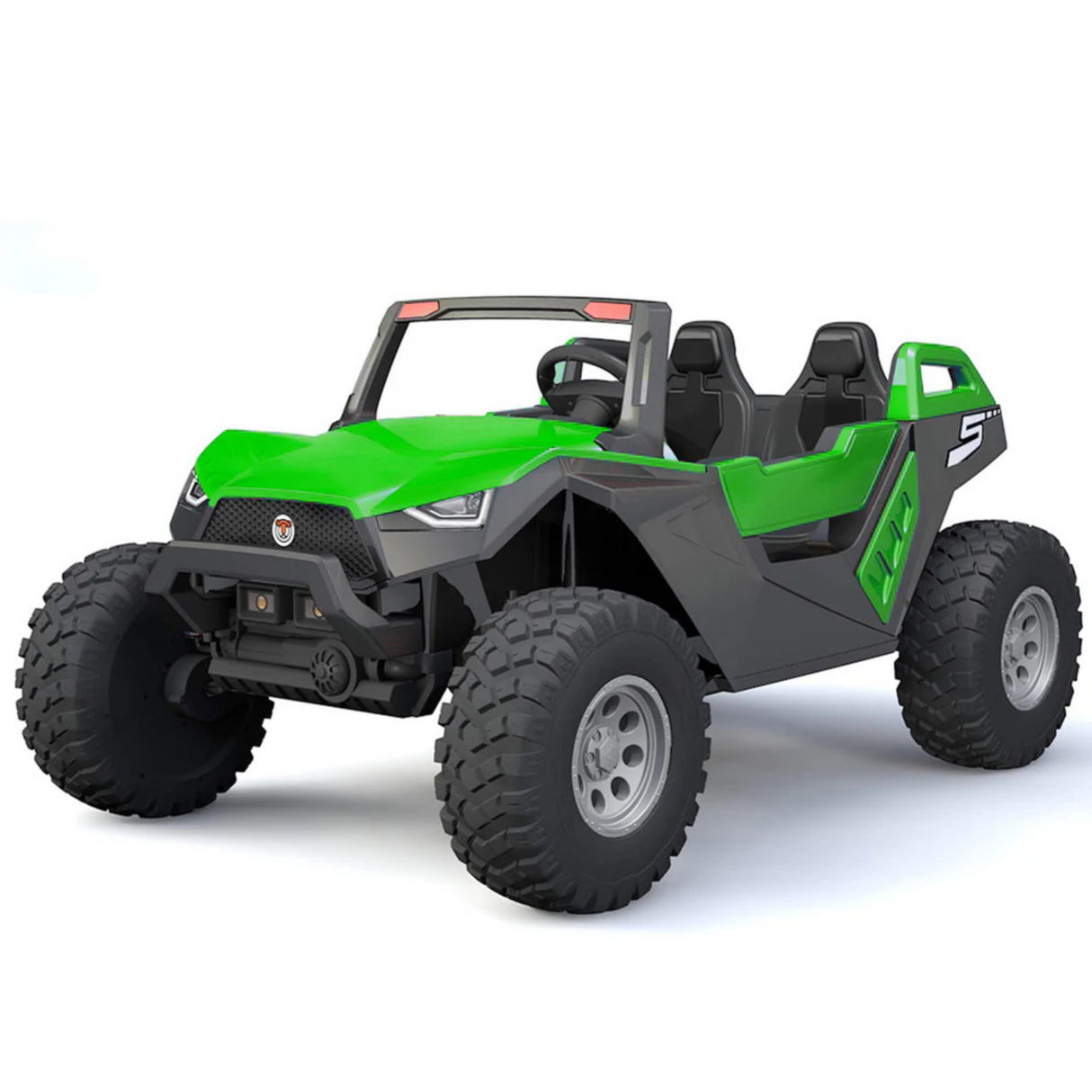 The Green 24V/4X4 Dune Buggy Ride On UTV, featuring rubber wheels and RC, offers an open-top design and rugged chassis. With its angular lines and sporty look, this off-road vehicle is perfect for thrill-seekers craving adventure on rough terrains.