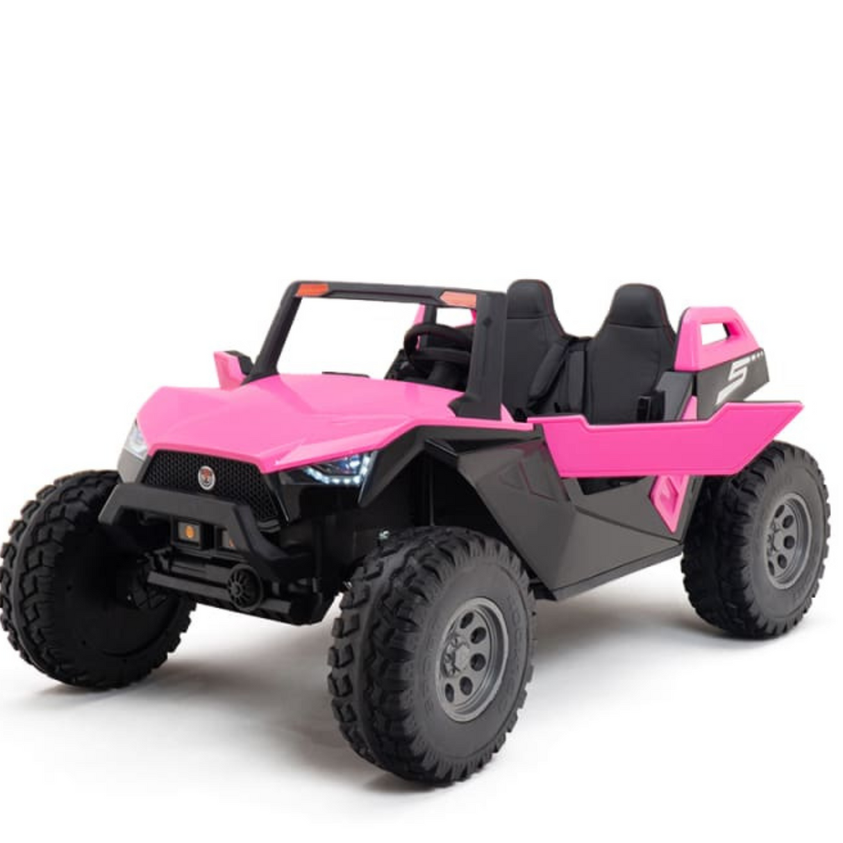 The Pink 24V/4X4 Dune Buggy Ride On UTV is a vibrant childrens two-seater ride-on toy with an open cabin design and rubber wheels, embodying an off-road vehicle look with bright pink and black accents for a sporty adventure.
