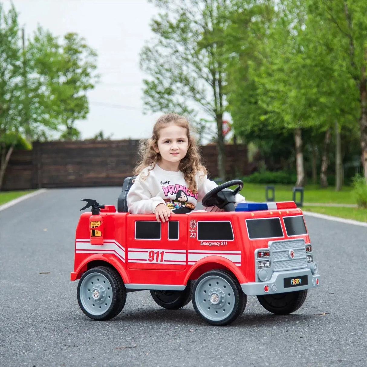 12V 1-Seater Ride-On Fire Truck with EVA Tires, Emergency Lights, Music, Remote
