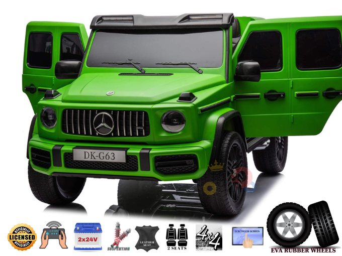 The Green Mercedes G63 XXL 24V Kids Ride-On Truck, Platinum Edition, boasts remote control access, MP4 player, dual batteries, 4WD, EVA tires, two leather seats, detailed black wheels, and front license plate.
