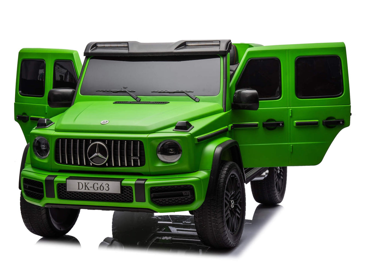The bright green Mercedes G63 XXL 24V Kids Ride-On Truck – Platinum Edition features front doors that open, black details, and optional remote control access. Its equipped with dual batteries, 4WD, EVA tires, leather seats, and MP4 for enhanced playtime excitement.