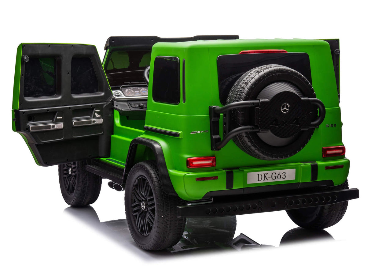 The Green Mercedes G63 XXL 24V Kids Ride-On Truck – Platinum Edition includes remote control, detailed interior, black EVA tires, spare tire, DK-G63 plate, and features MP4 and leather seats for an adventurous ride.