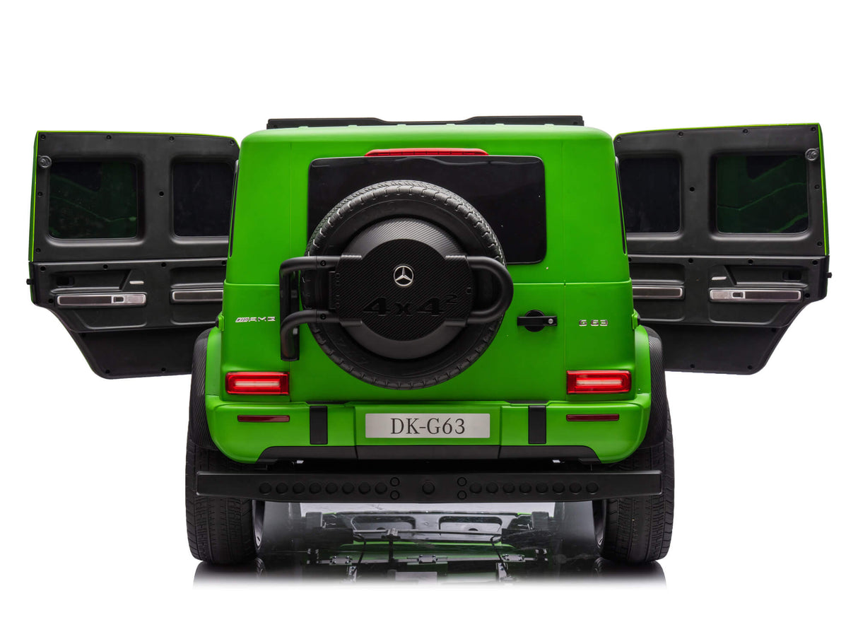 The green Mercedes G63 XXL Platinum Edition 24V Kids Ride-On Truck has open rear doors, a mounted spare tire, DK-G63 license plate, MP4 feature, dual batteries, 4WD, EVA tires, and leather seats for stylish remote-controlled adventures for young explorers.