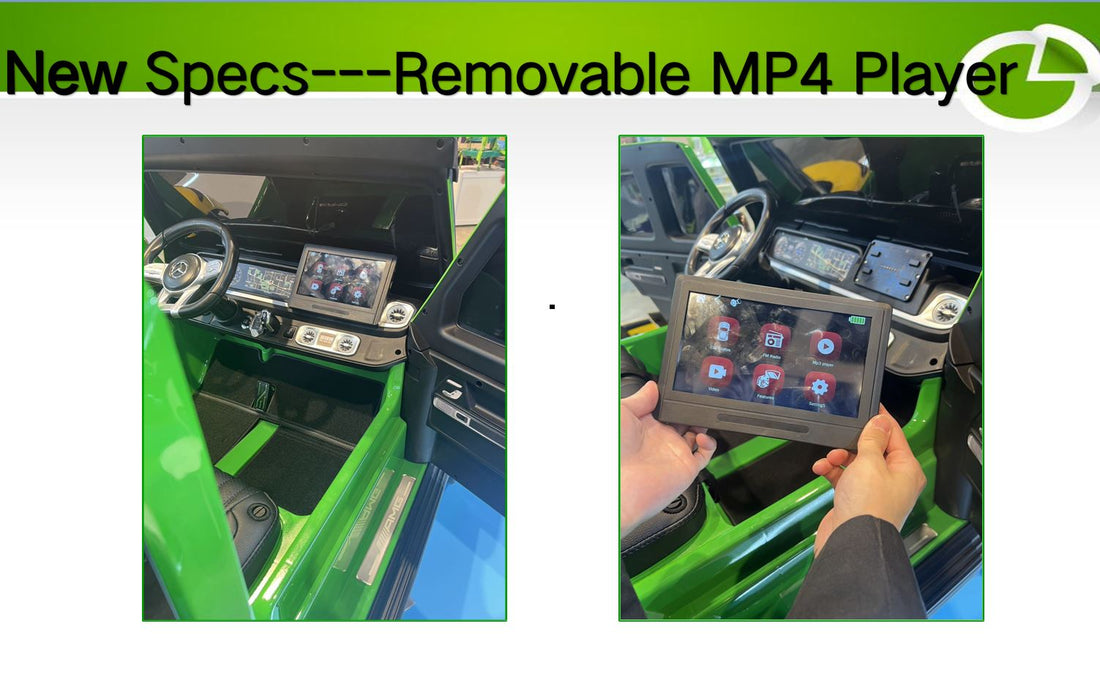The images show the interior of a Green Mercedes G63 XXL 24V Kids Ride-On Truck – Platinum Edition, featuring a removable MP4 player. The left image highlights its slot, while the right presents a user-friendly display with app icons, similar to a tablet.