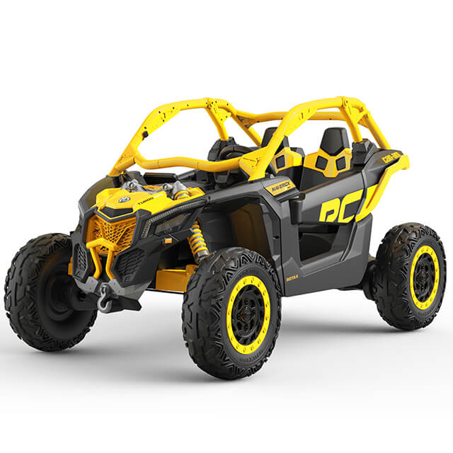 The Yellow 2x24V/4WD Official Can-Am Maverick Ride on Buggy, LX Performance is a yellow and black off-road vehicle with large rugged tires, an open frame design, and prominent RC letters. This sporty 2-seater is built for tackling rough terrains with ease.