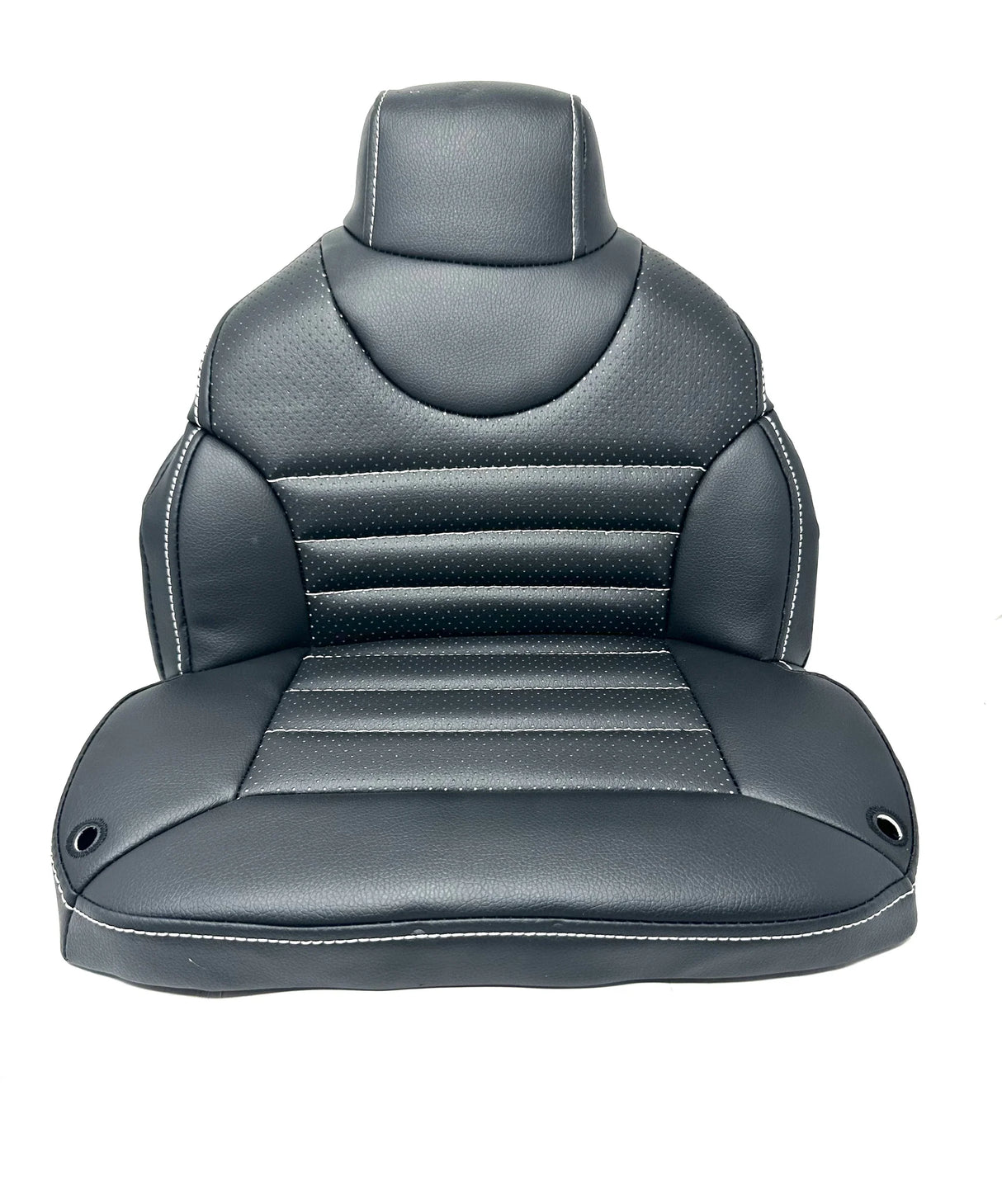 The 12V Mercedes SL500 Seat features a black seat cover with an ergonomic design, horizontal stitching, and a headrest. Made from leather or faux leather with white accents, its perfect for enhancing your ride-on cars look. The cover is shown isolated on a white background.