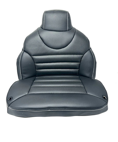 The 12V Mercedes SL500 Seat features a black seat cover with an ergonomic design, horizontal stitching, and a headrest. Made from leather or faux leather with white accents, its perfect for enhancing your ride-on cars look. The cover is shown isolated on a white background.
