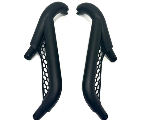 The 12V Unimog set of rear roll bar brackets features two black aero bars with honeycomb-patterned armrest supports, positioned parallel on a white background. Their sleek design and curved ends give them a premium look, perfect for enhancing your ride-on car adventures from KidsVIPOnline.