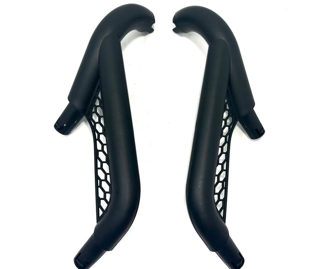 The 12V Unimog set of rear roll bar brackets features two black aero bars with honeycomb-patterned armrest supports, positioned parallel on a white background. Their sleek design and curved ends give them a premium look, perfect for enhancing your ride-on car adventures from KidsVIPOnline.