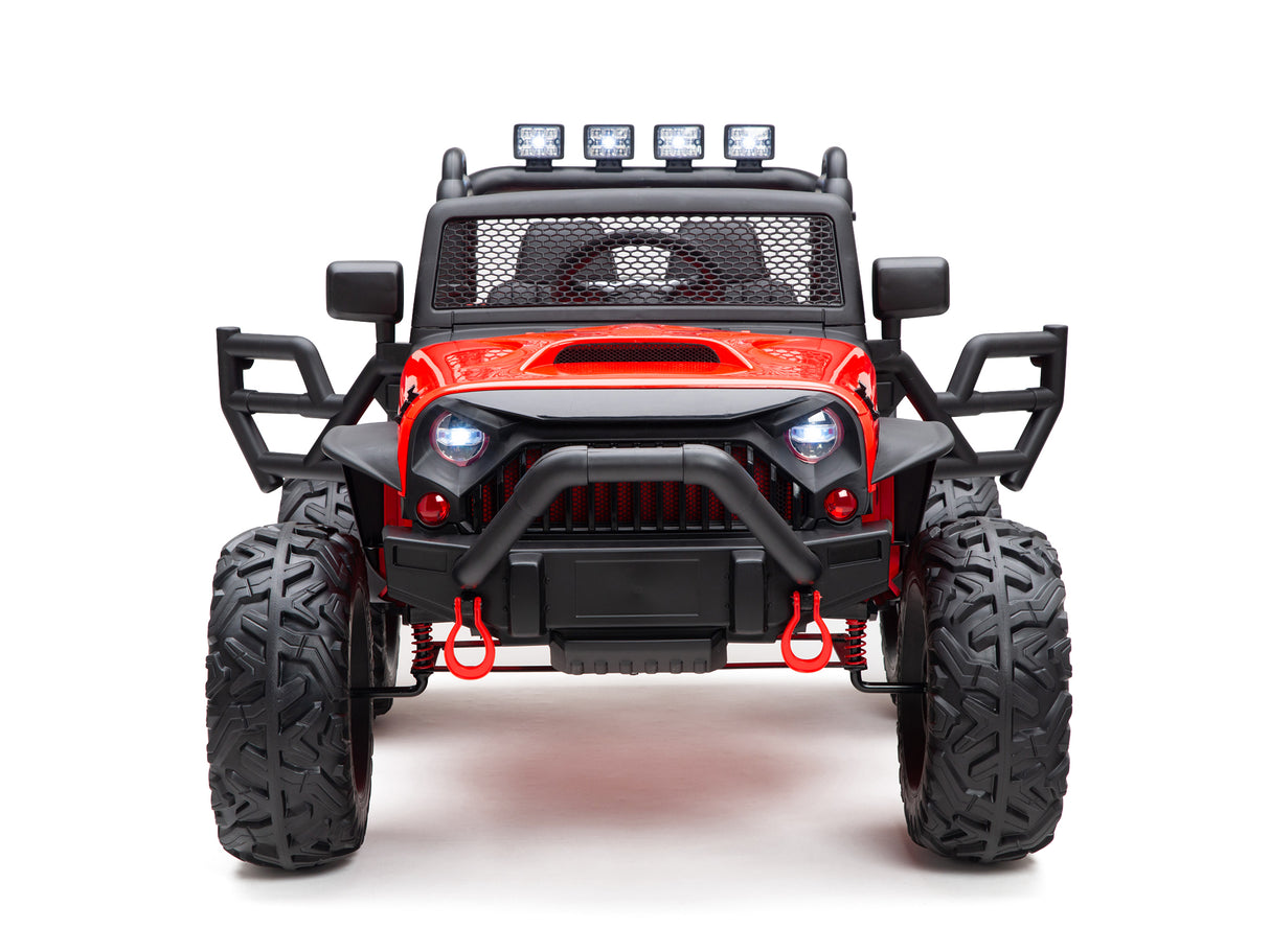The Red 24V EVA Big Wheels Kids 1 Seater Upgraded Ride On Truck with Rubber Wheels, Remote features a rugged front grille, large treaded tires, mesh windshield cover, side mirrors, and four roof lights. The white background emphasizes its adventurous off-road design for kids and toddlers.