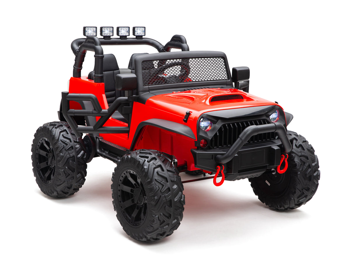The Red 24V EVA Big Wheels Kids 1 Seater Upgraded Ride On Truck features a bold off-road design with large black rubber tires, front bull bar, mounted lights, open sides, and a detailed grille. This power-packed vehicle is set against a plain white background.