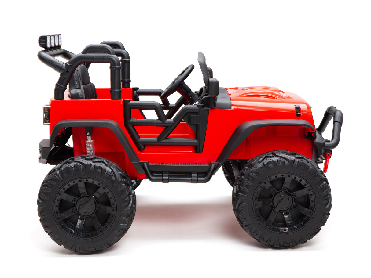 A side view of the Red 24V EVA Big Wheels Kids 1 Seater Upgraded Ride On Truck showcases its off-road design, featuring rubber wheels, an open cabin, and roll bars. Ideal for kids and toddlers, it includes a remote control and stands out against a plain white background.