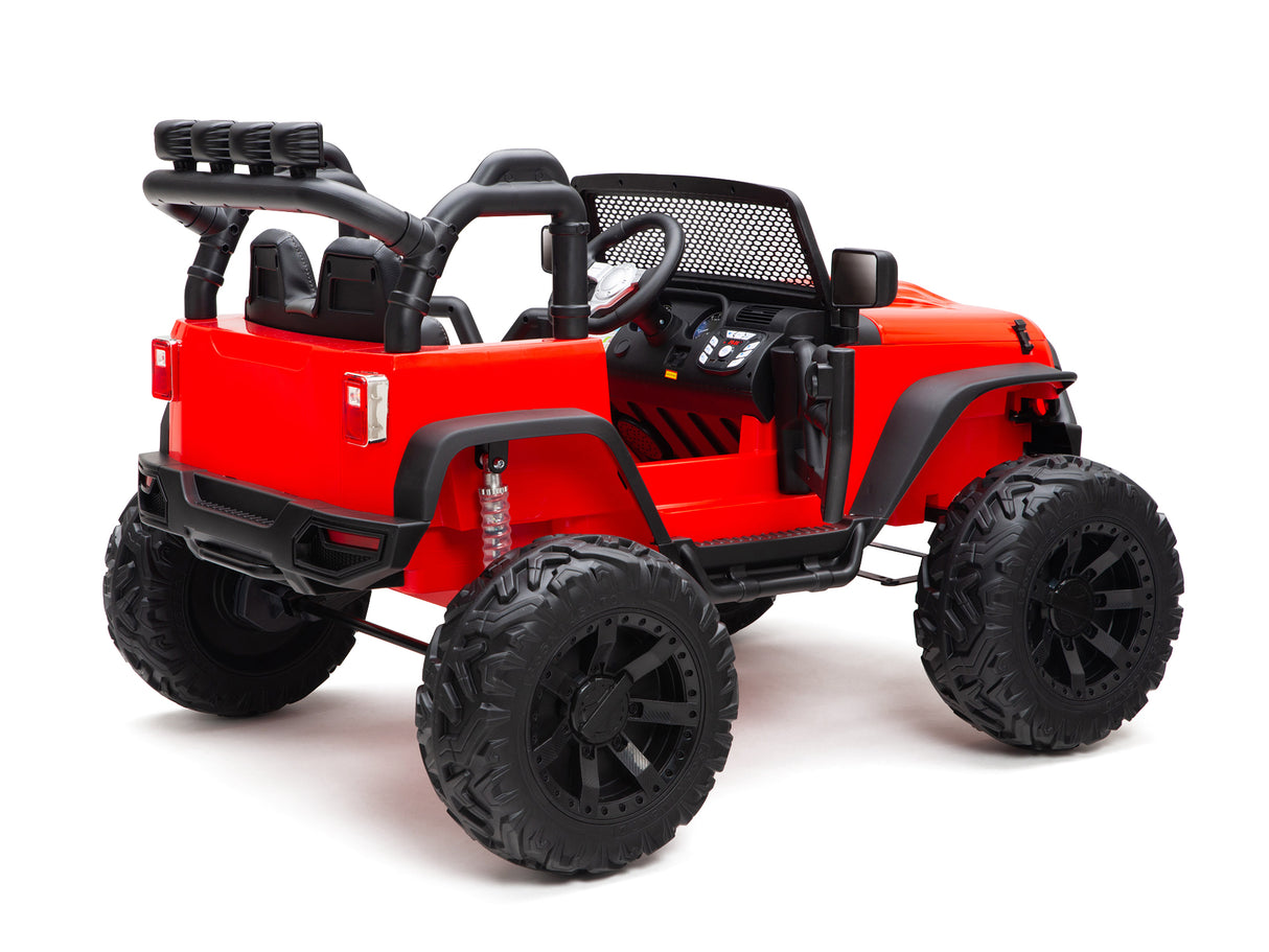 The Red 24V EVA Ride On Truck for kids features an open-top design, detailed dashboard, roll bars, rugged exterior like a mini Jeep, with large rubber wheels and remote. Ideal for adventurous young drivers and toddlers. Displayed on a plain white background.