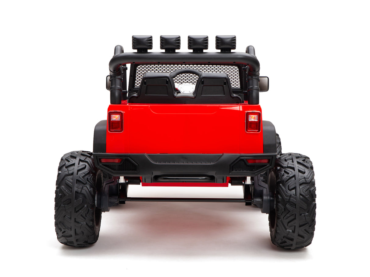 The Red 24V EVA Big Wheels Kids 1 Seater Upgraded Ride On Truck features large rubber tires, a black roll bar with top lights, and a mesh barrier. Perfect for children, its seen from the rear on a white background.