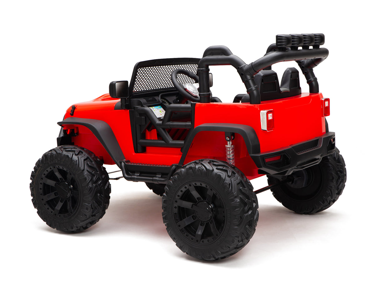 The Red 24V EVA Big Wheels Kids Ride On Truck is a vibrant red toy jeep featuring large black rubber wheels, an open top, one seat, steering wheel, and off-road style detailing.