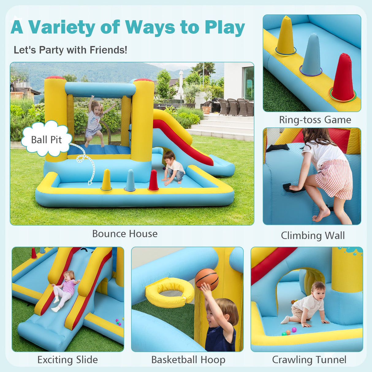 Inflatable Bounce House 7-in-1 Bouncy Castle with Slide and Tunnel with 480W Blower