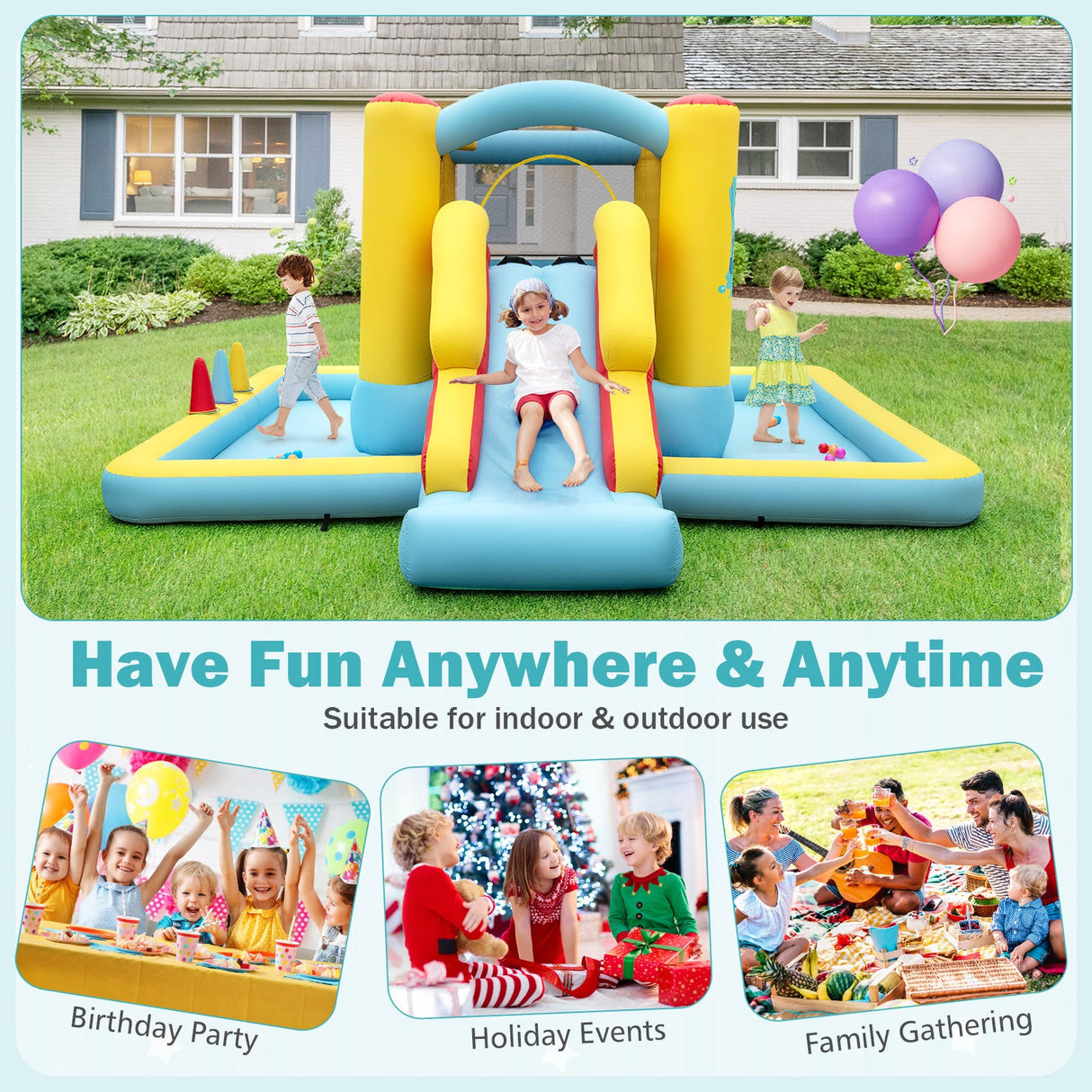 Inflatable Bounce House 7-in-1 Bouncy Castle with Slide and Tunnel with 480W Blower