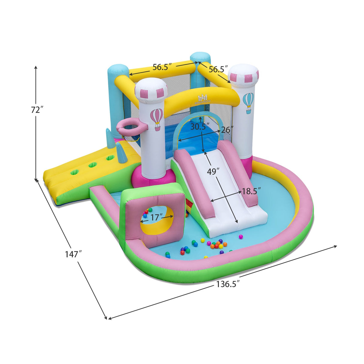 Inflatable Bounce House Bouncy Castle with Slide and Obstacle and Ball Pit with 480W Blower