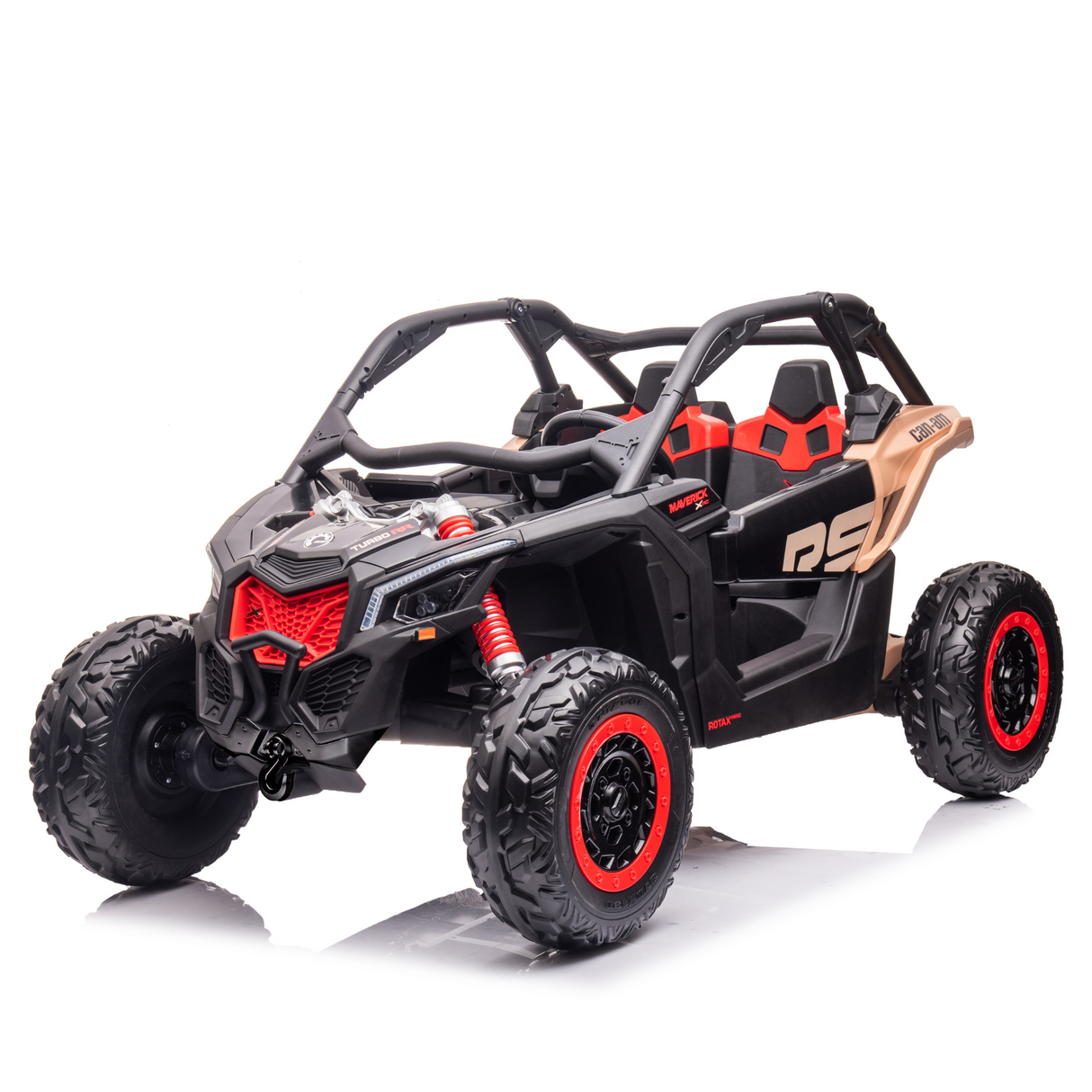 The Black 2x24V/2WD Official Can-Am Maverick Ride on Buggy, LX Performance, is a black and red vehicle with large knobby tires and a roll cage. Ideal for rugged terrain, it features an open-top design with two seats for adventurous kids and is displayed on a plain white background.