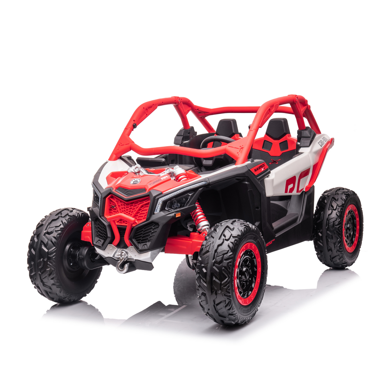 The red and gray RC vehicle resembles the Red 2x24V/2WD Official Can-Am Maverick Ride on Buggy, LX Performance, featuring large rugged tires, a detailed roll cage, visible suspension springs, all showcased on a reflective white surface.