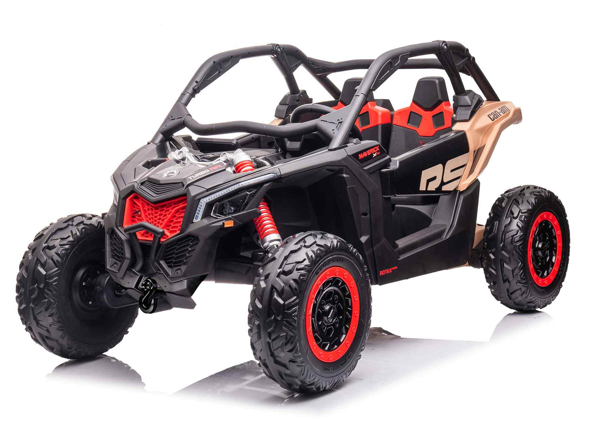The Black 2x24V/2WD Official Can-Am Maverick Ride-On Buggy, LX Performance features large tires, red accents, and a roll cage. Inspired by the sporty Can-Am Maverick RS design with visible suspension springs, it offers thrilling off-road adventures for kids.