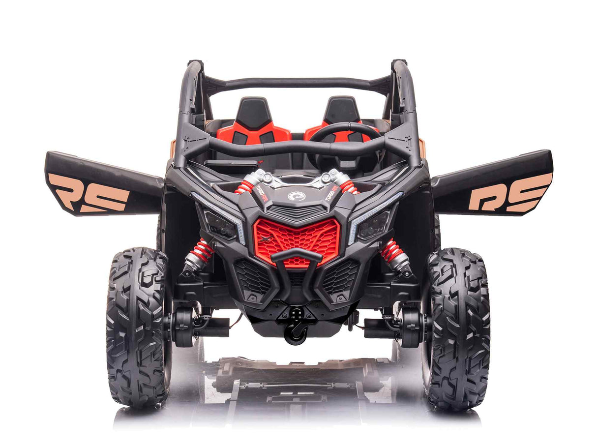 The Black 2x24V/2WD Official Can-Am Maverick Ride-On Buggy, LX Performance, is a battery-powered kids toy designed like an off-road vehicle. It has large rugged tires, a bold red and black color scheme, two seats, an open-roof design, and RS lettering on the sides for an adventurous look.