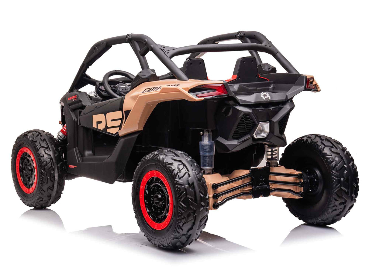 A Black 2x24V/2WD Official Can-Am Maverick Ride on Buggy, LX Performance with red-accented wheels and tan tones, designed for rugged terrains. It has a roll cage and two seats, viewed from the rear, showcasing its sturdy build and suspension system.
