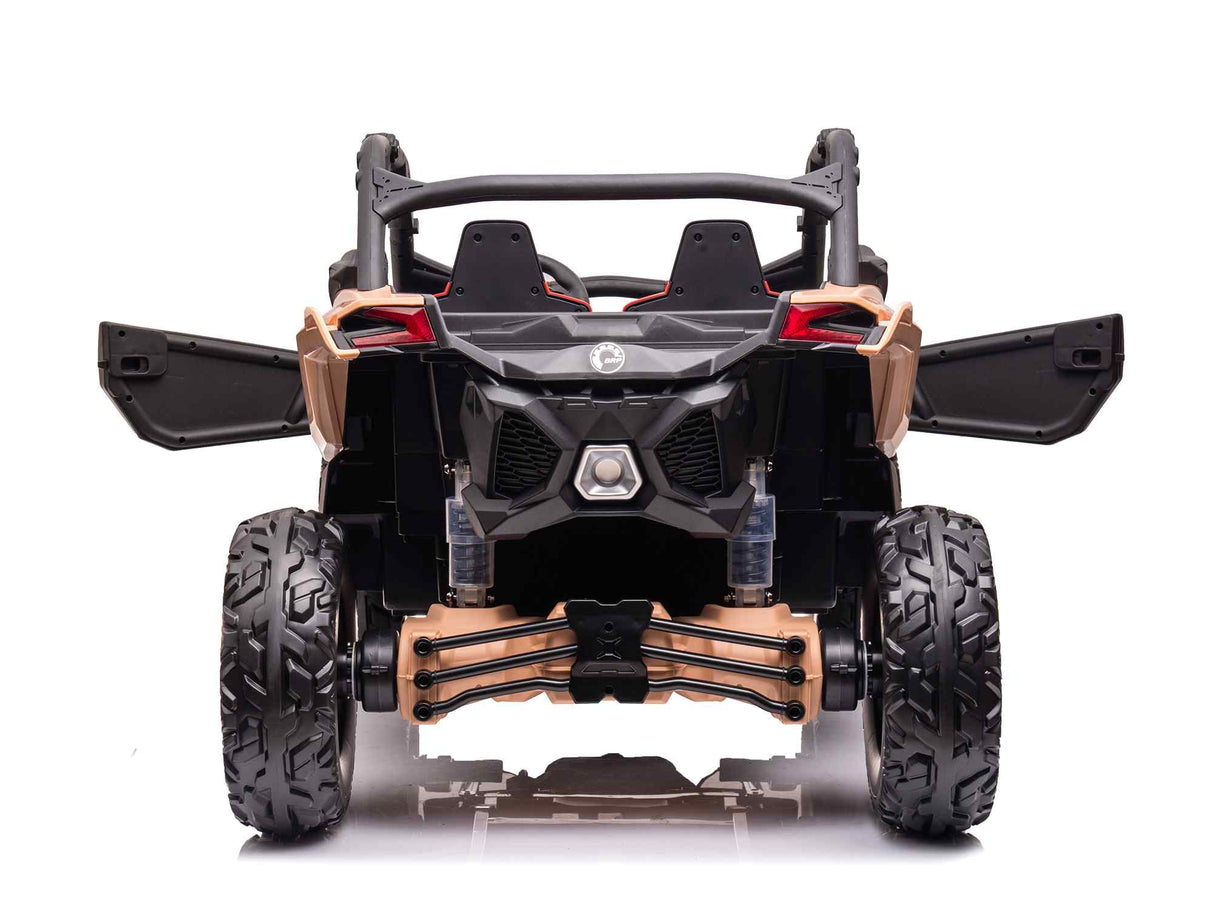 The Black 2x24V/2WD Official Can-Am Maverick Ride on Buggy, LX Performance features large rugged tires, open side doors, and a sleek black and tan design, capturing the adventurous spirit perfectly.
