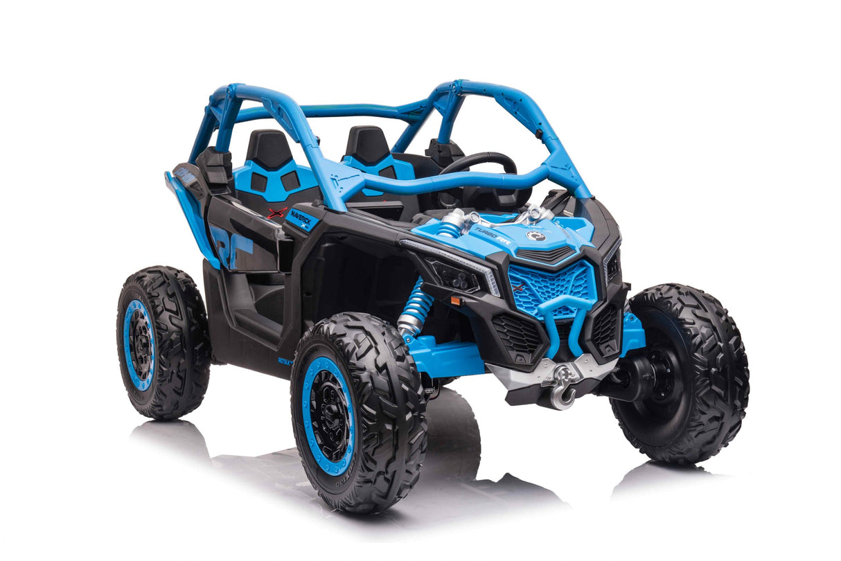 The Blue 2 Seater Official 24v Can-Am Maverick X Ride on Buggy, LX Performance 2WD Edition features four rugged tires, a steering wheel, an open frame with two seats, and suspension details. It reflects a silhouette resembling the all-terrain Can-Am Maverick.