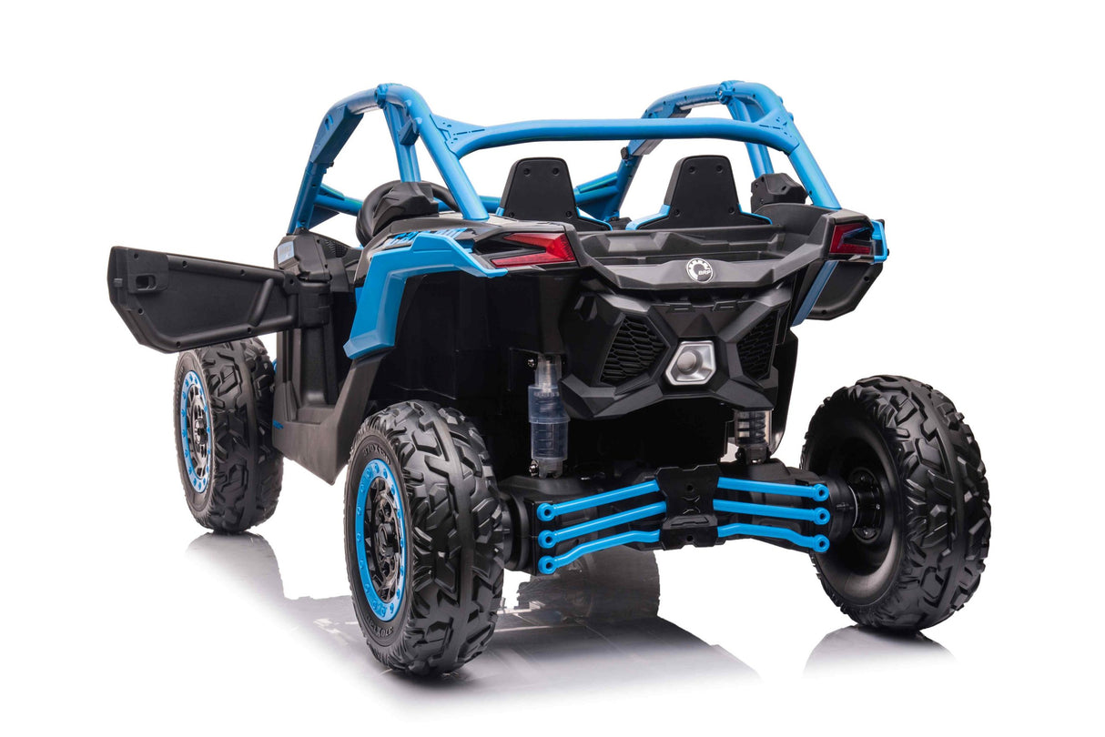A Blue 2 Seater Official 24v Can-Am Maverick X Ride on Buggy, LX Performance 2WD Edition is depicted with an open side door, rugged tires, suspension, and a focus on its rear and side profile against a white background, ideal for adventurous outdoor activities.