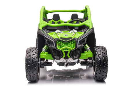 The Green 2 Seater Official 2x24v Can-Am Maverick X Ride on Buggy, LX Performance 4WD Edition, is a black toy off-road vehicle with large tires, a roll cage, and a detailed front grille on a white background.