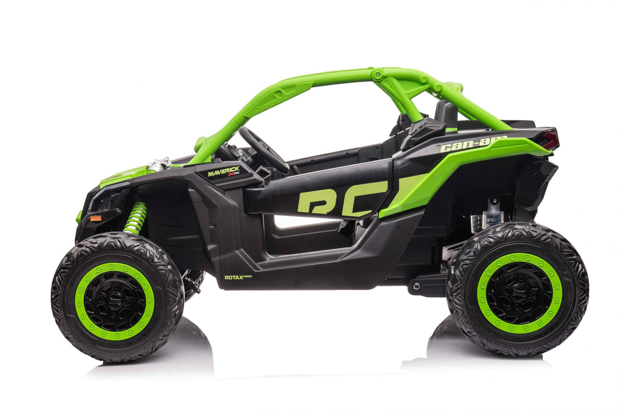 The Green 2 Seater Official 2x24v Can-Am Maverick X Ride on Buggy, LX Performance 4WD Edition, features large tires and an open frame for rugged terrain. Its green and black design stands out against a white background, highlighting its robust capabilities.