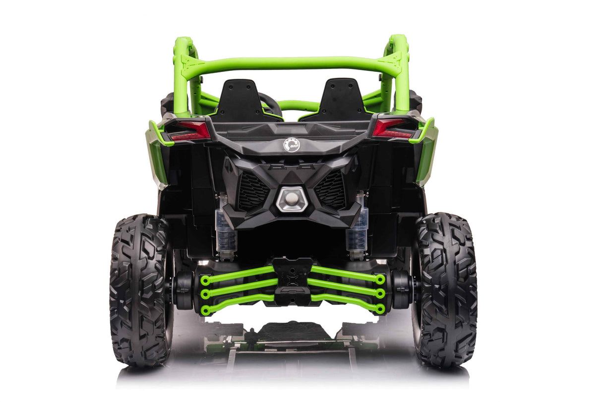 The rear view of the Green 2 Seater Official 2x24v Can-Am Maverick X Ride on Buggy, LX Performance 4WD Edition, features large black tires, a green suspension, and a robust frame. It offers twin seats and rear lights for adventurous young riders.