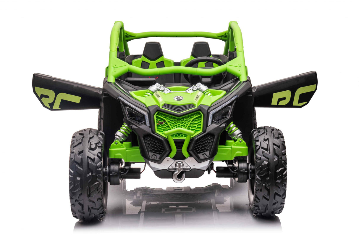 A green 2-seater, LX Performance 4WD Can-Am Maverick X toy car with black accents and RC graphics features large off-road tires, an open-top design, and open doors. Photographed against a white background.